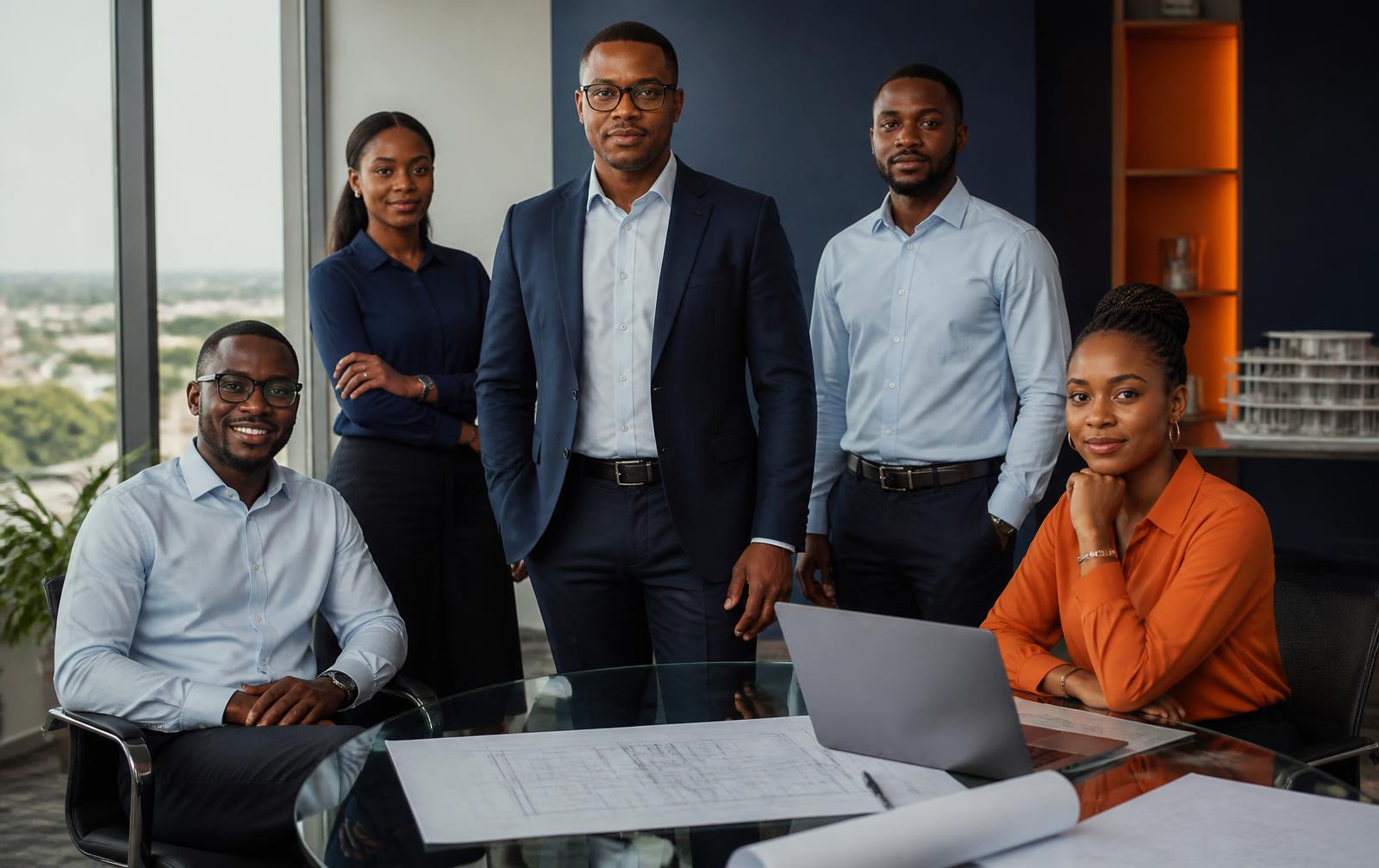 Excello leadership team reviewing engineering drawings in the Accra office