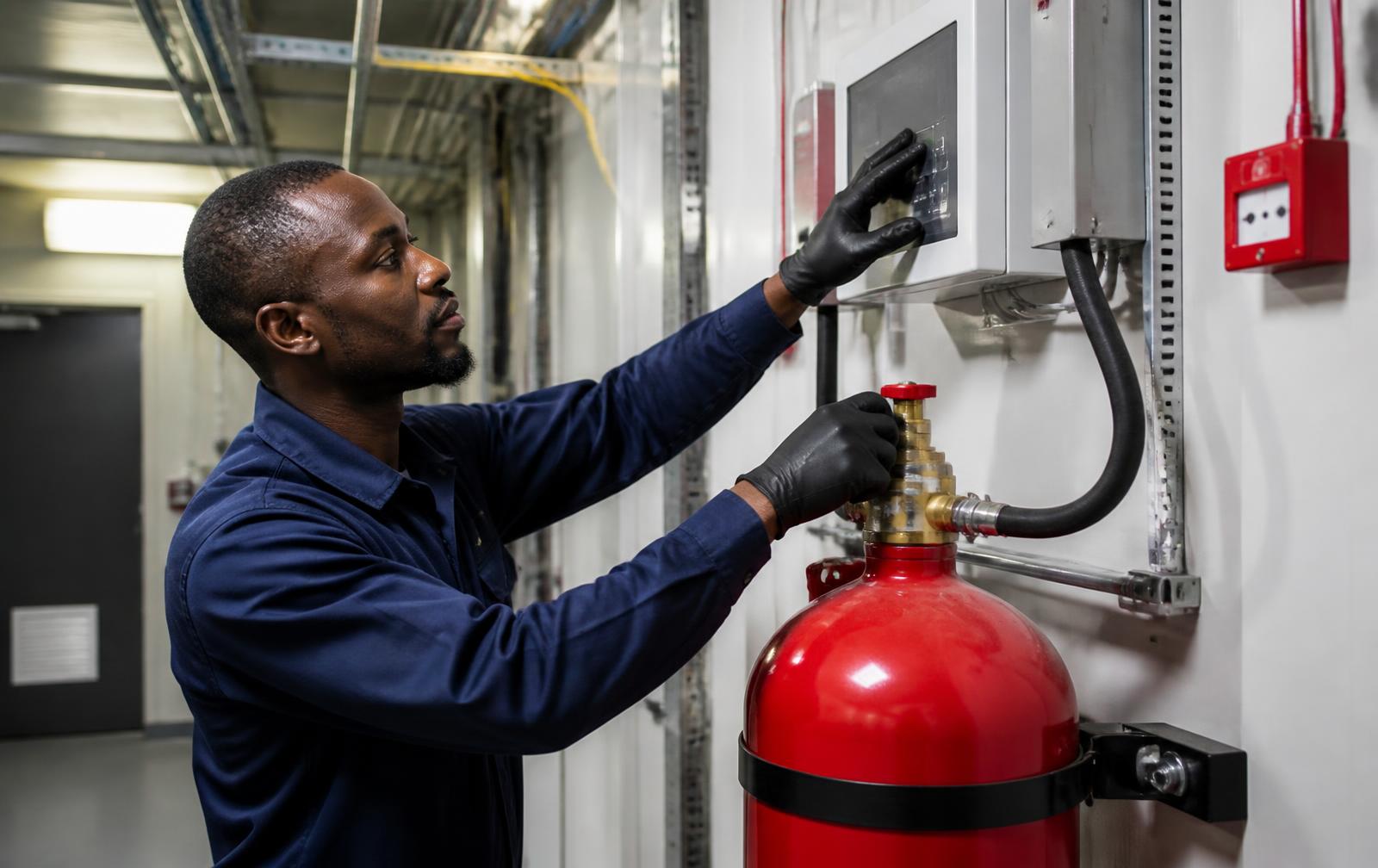 Technician servicing a fire suppression cylinder and detection panel in a plant room