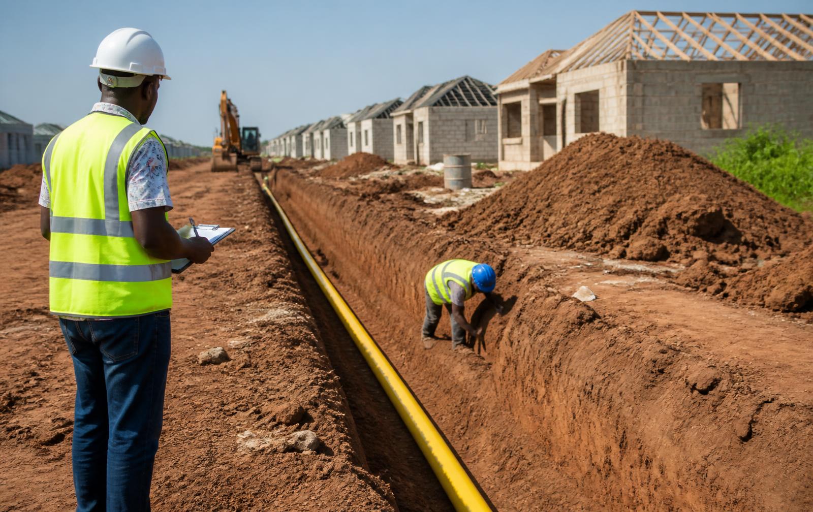 Site engineer supervising HDPE gas distribution pipe being laid across a Ghanaian residential development