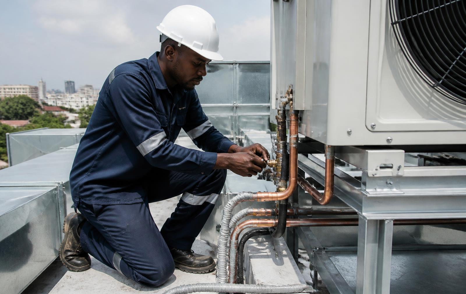 Engineer installing air conditioning pipework and ductwork on a commercial building plant deck