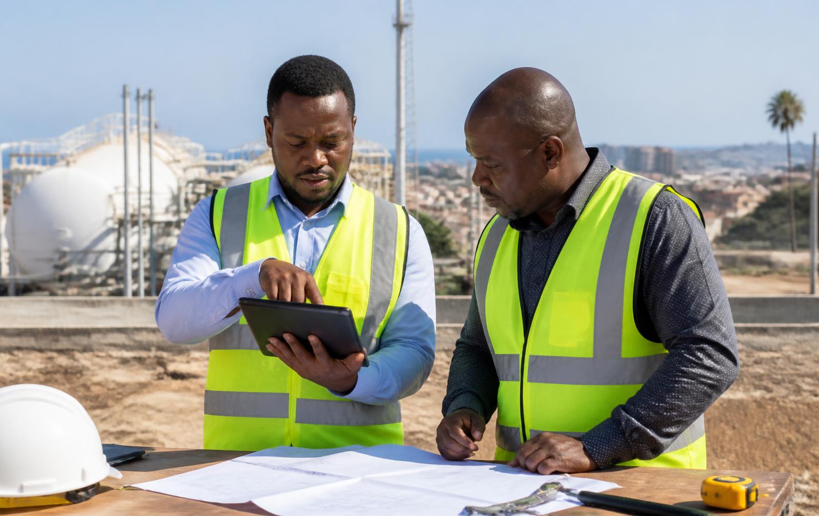 Excello engineers reviewing project drawings on site at an LPG installation