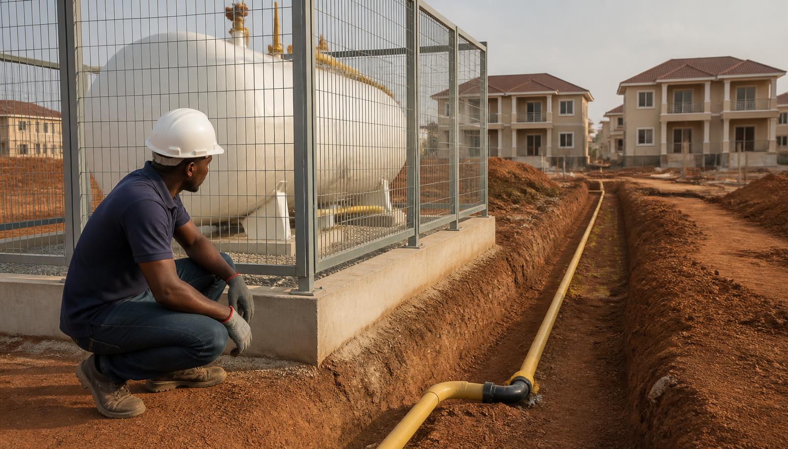 Excello engineer inspecting a bulk LPG storage vessel and underground gas service pipework at a housing development in Ghana